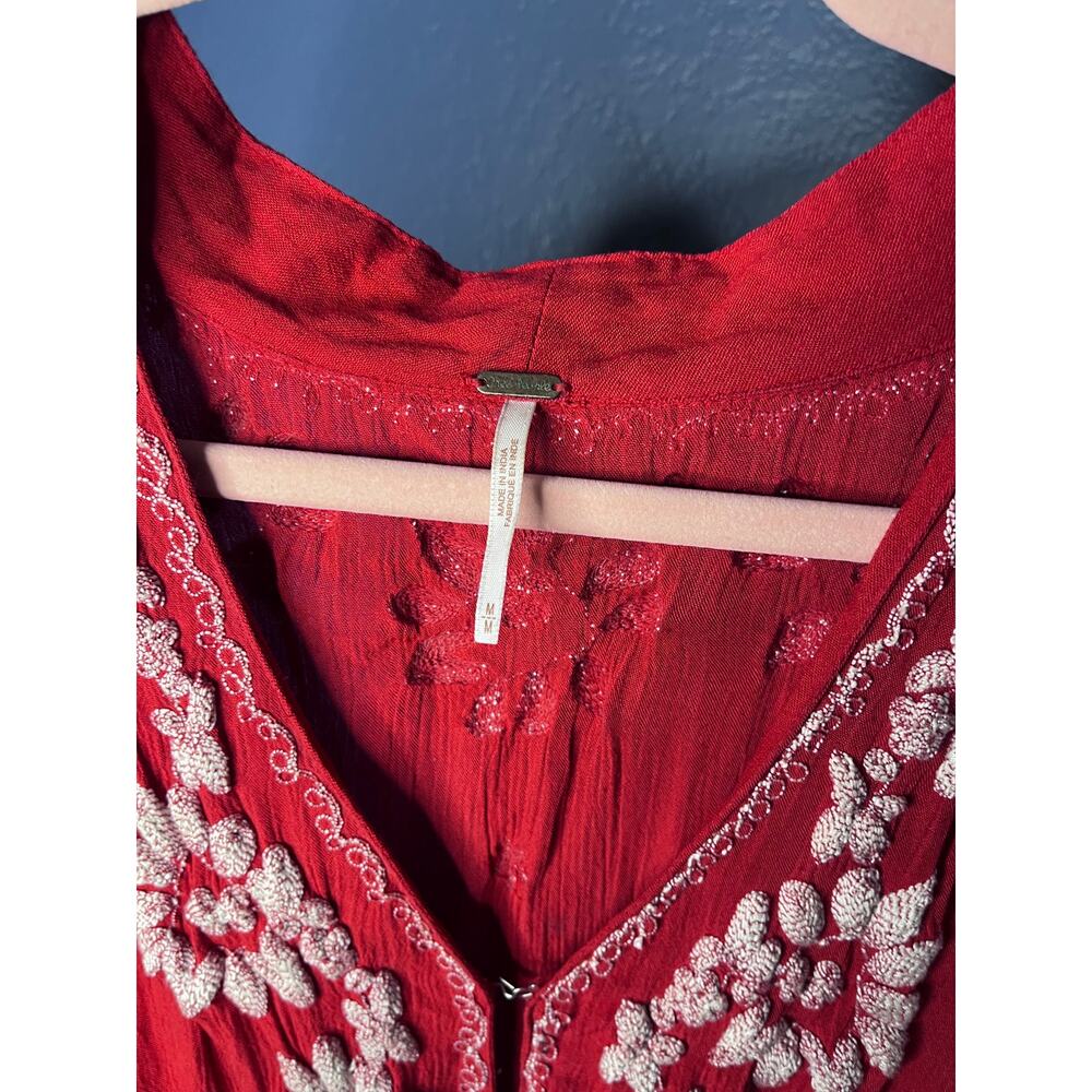 Free People Red Embroidered Boho Maxi Dress Long Sleeve Tie Front Size M - Picture 4 of 7